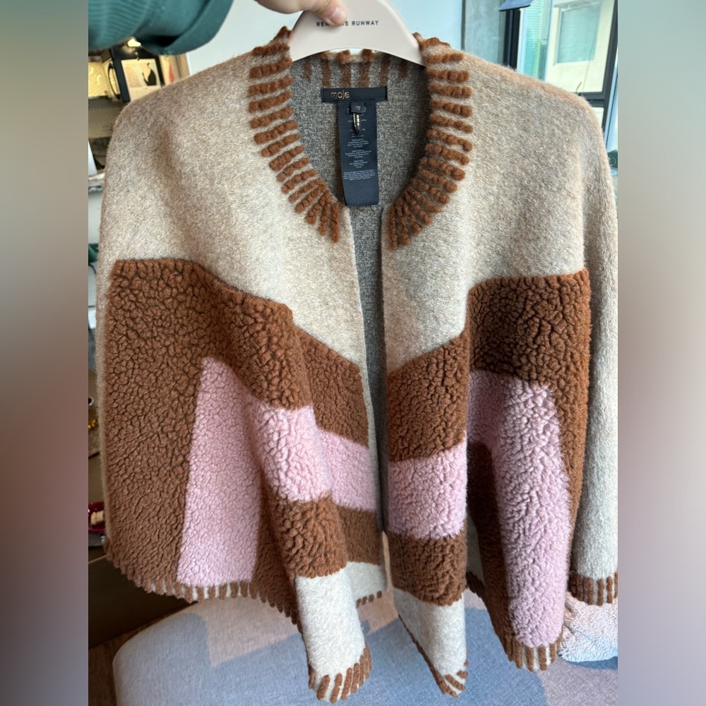 Maje Cream, Brown & Pink Colorblock Wool Blend Poncho